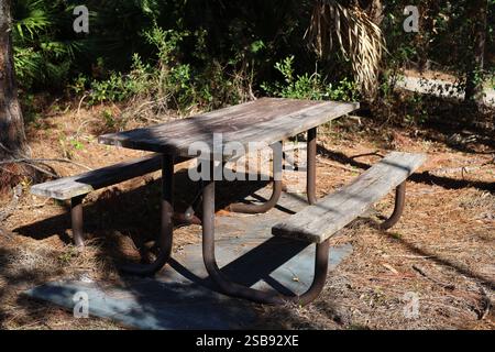 Old wood and metal picnic table in tropical park Stock Photo