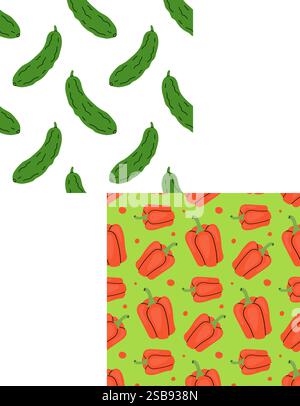 Colorful pattern featuring red bell peppers on a vibrant green background with polka dots Stock Vector