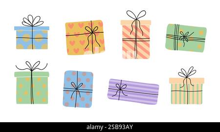 Colorful gift boxes arranged in a playful layout on a white background Stock Vector