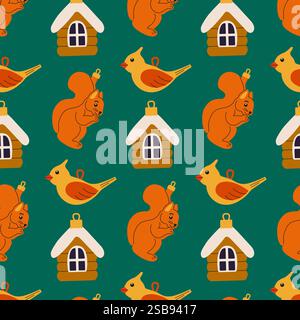 Colorful pattern featuring squirrels, birds, and cozy birdhouses on a green background Stock Vector