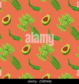 Colorful pattern featuring celery, avocados, and green chili peppers on an orange background Stock Vector