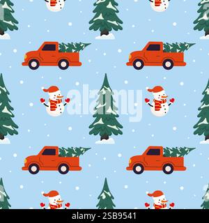 Colorful winter pattern featuring snowmen, trees, and trucks with Christmas trees Stock Vector