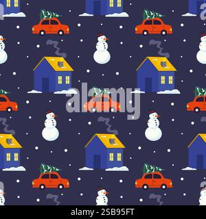 Festive winter landscape featuring cars, houses, and snowmen with Christmas trees on rooftops Stock Vector