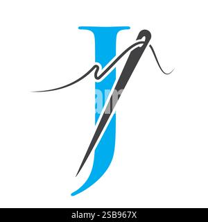 Letter J Sewing Needle Logo Design for Embroider, Textile, Fashion, Cloth, Fabric Symbol Stock Vector