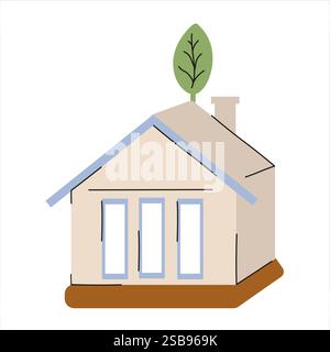 Charming house illustration with a green leaf on the roof and minimalist design Stock Vector
