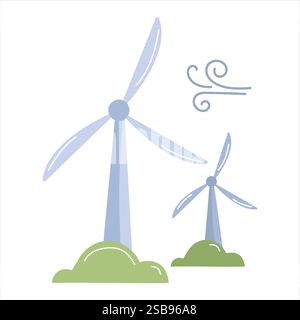 Wind turbines generating renewable energy in a green landscape Stock Vector