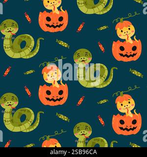 Cute Snake Halloween Pattern With Pumpkins Stock Vector