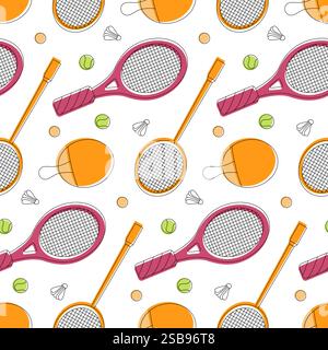 Vector seamless background of rackets for table tennis and balls on a white background. Stock Vector