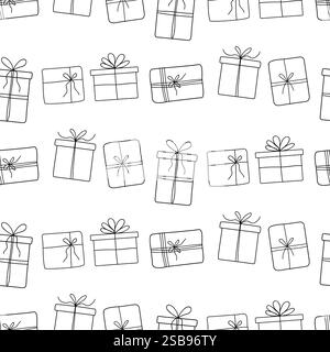Repeated pattern of hand-drawn gift boxes on white background for festive designs Stock Vector