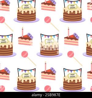Celebration with colorful birthday cakes, sweets, and party decorations in cheerful design Stock Vector