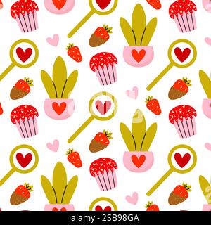 Colorful pattern featuring plants, strawberries, and cupcakes on a bright background Stock Vector