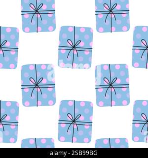 Colorful patterned gift boxes with pink dots evenly arranged on a white background Stock Vector