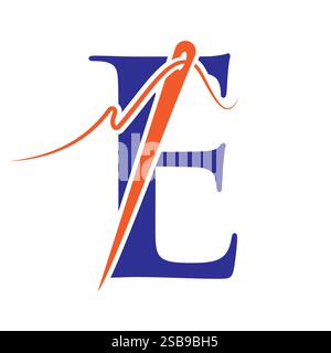 Letter E Sewing Needle Logo Design for Embroider, Textile, Fashion, Cloth, Fabric Symbol Stock Vector