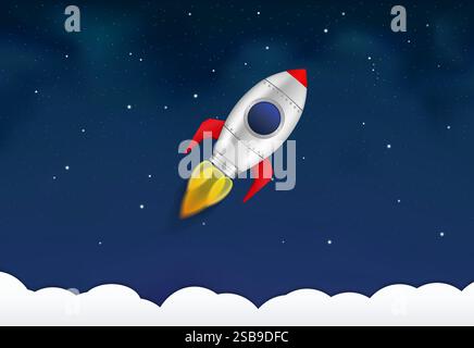 Rocket flying in space with stars, vector eps10 illustration Stock Vector