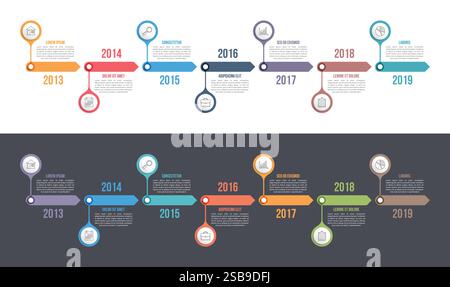 Horizontal timeline template with seven arrows, infographic template for web, business, presentations, workflow or process diagram, vector eps10 illus Stock Vector
