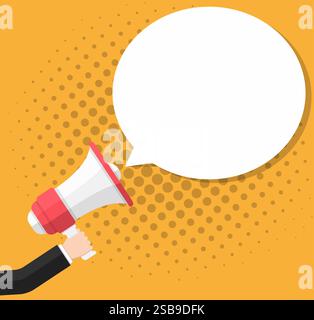 Hand with red megaphone and blank round speech bubble for your text, yellow background with halftone shadow, flat design, vector eps10 illustration Stock Vector