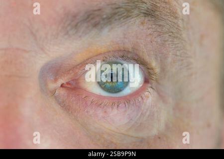 A highly detailed close-up of a human eye with striking blue-green hues and intricate iris patterns. Stock Photo
