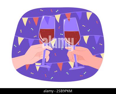 Two Hands Clink Glasses of Red Wine for Celebratory Toast Party Concept Illustration Stock Vector