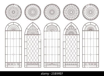Stained church glass windows pack. Catholic Christian frames. Line drawing in black and white color. Stock Vector