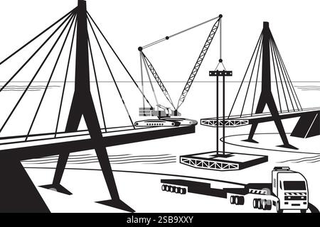 Crane building suspended bridge - vector illustration Stock Vector