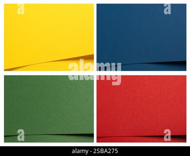 Colorful paper background featuring bold overlapping layers in yellow, blue, red, and green. Smooth matte textures and vibrant gradients create an ele Stock Photo