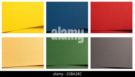 Colorful paper background set, overlapping layers in yellow, blue, red, peach, green, and gray. Minimalistic geometric design with smooth, matte textu Stock Photo