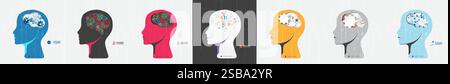 Collection of seven android heads. Image of artificial intelligence. Vector. Stock Vector