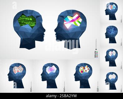 Collection of seven android heads. Image of artificial intelligence. Vector. Stock Vector