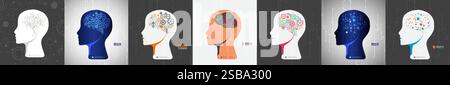 Collection of seven android heads. Image of artificial intelligence. Vector. Stock Vector