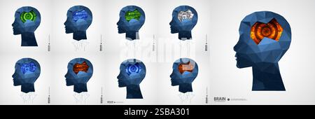 Collection of seven android heads. Image of artificial intelligence. Vector. Stock Vector
