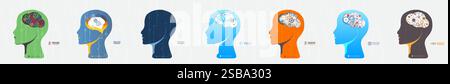 Collection of seven android heads. Image of artificial intelligence. Vector. Stock Vector