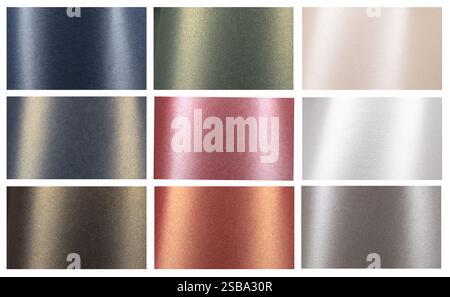 Metallic paper background featuring a gradient finish in blue, pink, green, bronze, gray, and beige. Smooth, glossy surfaces with a shimmering sheen c Stock Photo