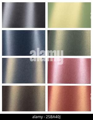 Metallic paper background set with smooth, reflective textures in black, green, yellow, blue, pink, copper, and bronze. Vibrant gradients and a glossy Stock Photo