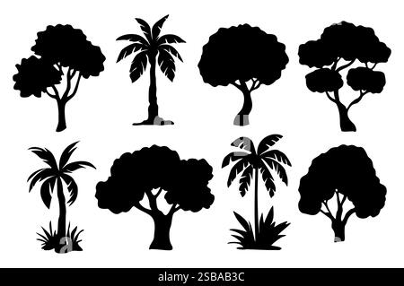 Set of different tree black vector silhouettes. Stock Vector