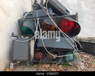 Dismantled old traffic lights on the ground Stock Photo