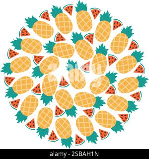 Triangular Watermelon slices and whole Pineapples Circular Summertime Fruits background Texture idea. Isolated Vector illustration Thematic cards or web promo banner, leaflets, print materials or tags Stock Vector