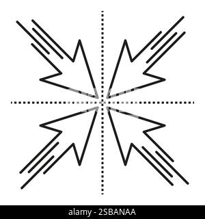 Converging pointer arrows. Center target shape. Vector cross focus. Minimal aiming symbol. Stock Vector