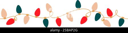 Christmas lights garland with colored bulbs. Glowing Xmas festive tangled string decoration with hanging retro lamps lightbulb for holiday cards, bann Stock Vector