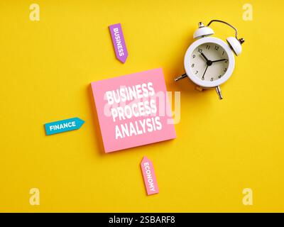 The word business process analysis on pink note paper. Analyzing business processes for performance improvement concept. Stock Photo