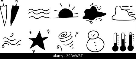 Minimalist Weather Icons: Hand-Drawn Forecast Illustration Set Stock Vector