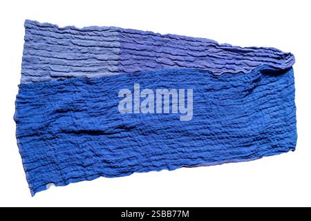 top view of blue patchwork scarf sewn from stitched silk fabrics isolated on white background Stock Photo