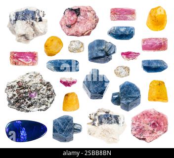 set of various samples of raw corundum minerals isolated on white background Stock Photo