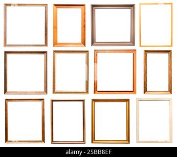 set of various vertical wooden painting frames isolated on white background with cutout canvas Stock Photo