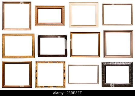 set of various horizontal wooden painting frames isolated on white background with cutout canvas Stock Photo