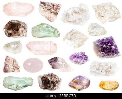set of various samples of raw quartz rock crystals and minerals isolated on white background Stock Photo
