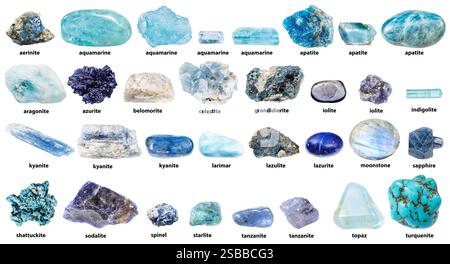 collection of blue natural minerals with names isolated on white background Stock Photo