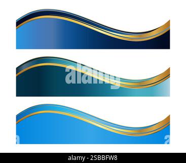 Blue Gold 3D Corporate Letterhead Divider Template, Separator Footer Set with Waves Stock Vector