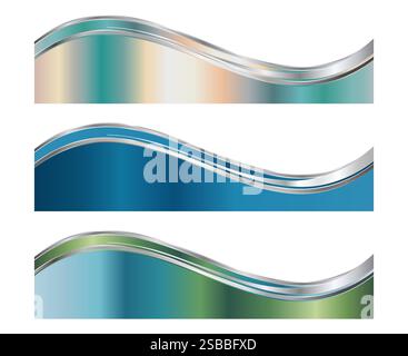 Blue Green 3D Letterhead Divider Template, Separator Footer Set with Silver Waves Stock Vector