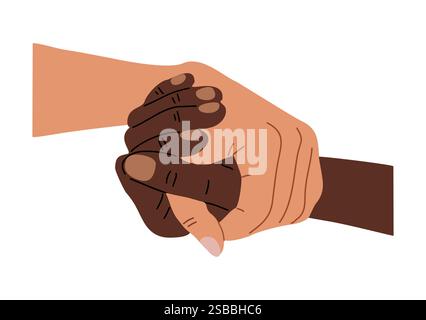 Two hands clasping together, one black, one white Stock Vector