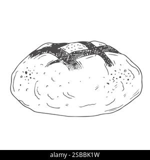 Drawing of a round loaf of bread. Bakery logo emblem. Line sketch, hand drawn, isolated on white background. Vector illustration Stock Vector